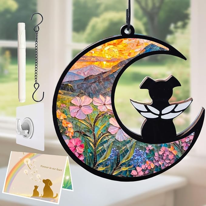 Dog Angel Memorial Suncatcher with Rainbow Bridge Poem Card, Pet Sympathy Gifts for Loss of Dogs and Cats, Phlox
