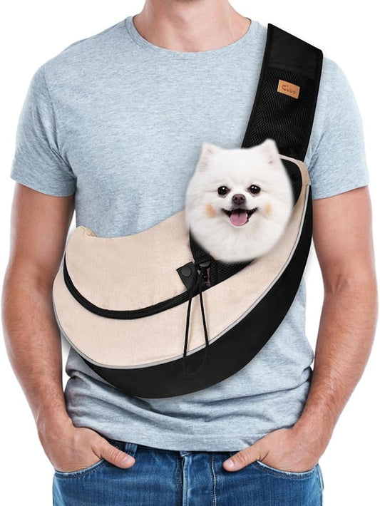 Cuby Pet Sling Carrier for Small Dogs Cats,Drawstring & Zipper Security Hook Triple Designs for Pets' Securty Dog Bag,Breathable Travel Pet Puppy Sling Carrier with Adjustable Strap(Beige,S (3-5 lbs))