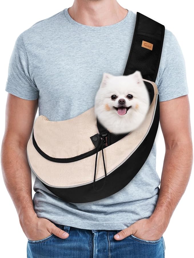 Cuby Pet Sling Carrier for Small Dogs Cats,Drawstring & Zipper Security Hook Triple Design for Pets' Securty Dog Bag,Breathable Travel Puppy Sling Carrier with Adjustable Strap(Beige,L(9.5-13.5 lbs))