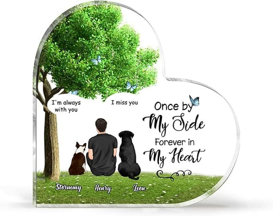 Gossby Personalized Heart-shaped Dog Memorial Acrylic Plaque - Custom Dog Remembrance Gift For Dog Dad With Design, Names - Dog Memorial Gift For Men Dog Lover - Forever In My Heart - Man And 2 Dogs