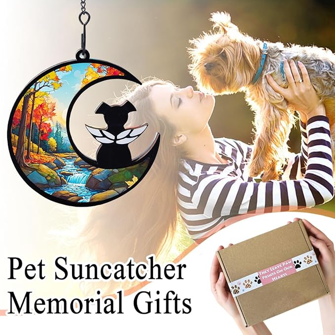 Dog Angel Memorial Suncatcher with Rainbow Bridge Poem Card, Pet Sympathy Gifts for Loss of Dogs and Cats, Natural Landscape 2
