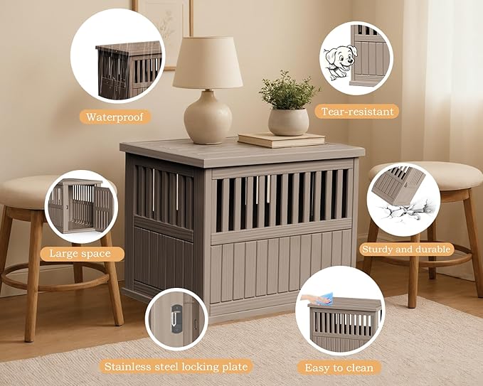 30 INCH Dog Crate Furniture Lockable Indoor Dog Kennel Dogs Cage Heavy Duty Decorative Plastic Pet Cage End Table for Small/Medium Dogs, Grey
