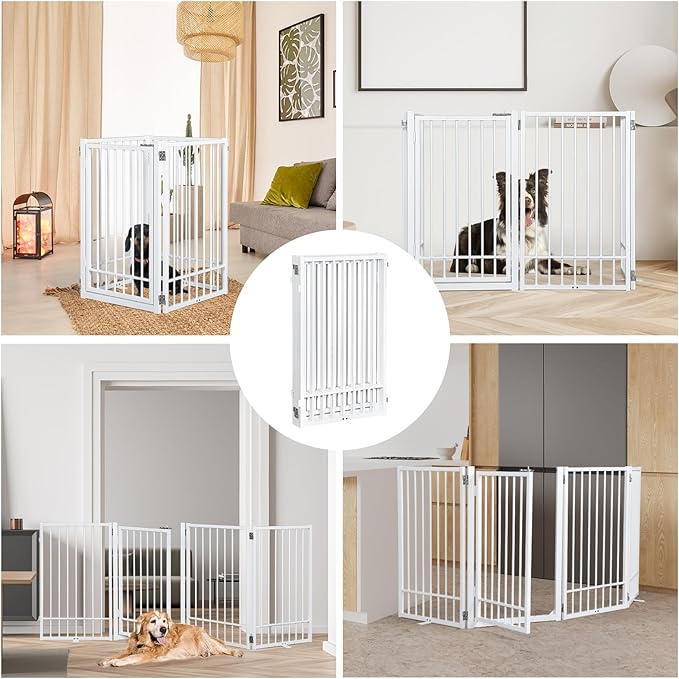 Metal Freestanding Dog Gate with Door, Extra Wide 81", 31" Height Foldable Dog Gates for Doorways, Tall Pet Fence Indoor Outdoor Pet Gates, 4 Panels Pet Barrier for Stairs Hallways, White
