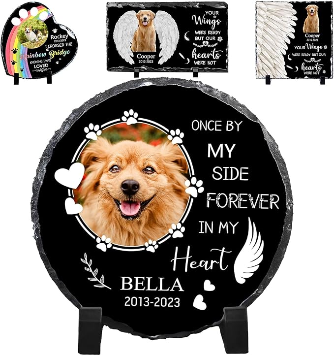 Pet Memorial Stones for Dogs Personalized Photo Rock Slate Round Shape Customized Memorial Stone Gifts for Loss Dog Cat