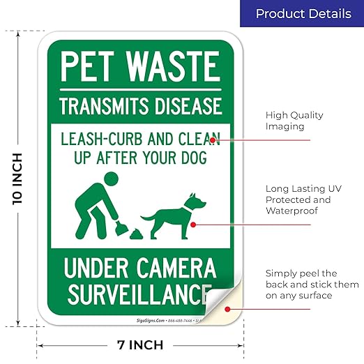 Pet Waste Leash-Curb and Clean Up After Your Dog Under Camera Surveillance Sign, (SI-63188) 10x7 Inches, 4 Mil Vinyl Decal Stickers Weather Resistant, Made in USA