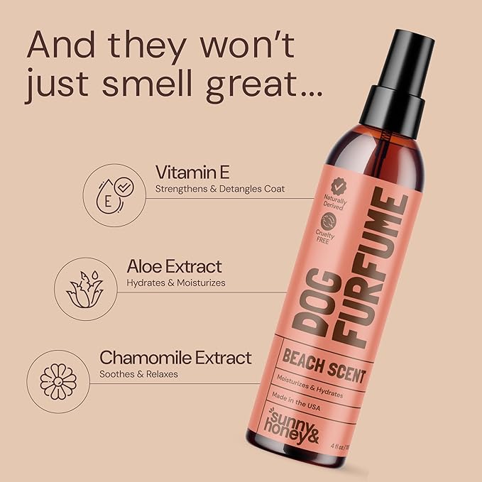 Sunny & Honey Dog Perfume Spray & Cologne - 4 fl oz (2-Pack) - Beach Scent - pH-Balanced, Long-Lasting Deodorizing & Hydrating Detangling Spray with Aloe & Vitamin E - Dog Grooming Supplies