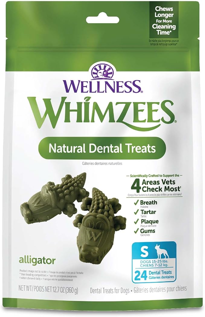 Whimzees Wellness Alligator Dog Dental Treats, Small Size, (24 Count)