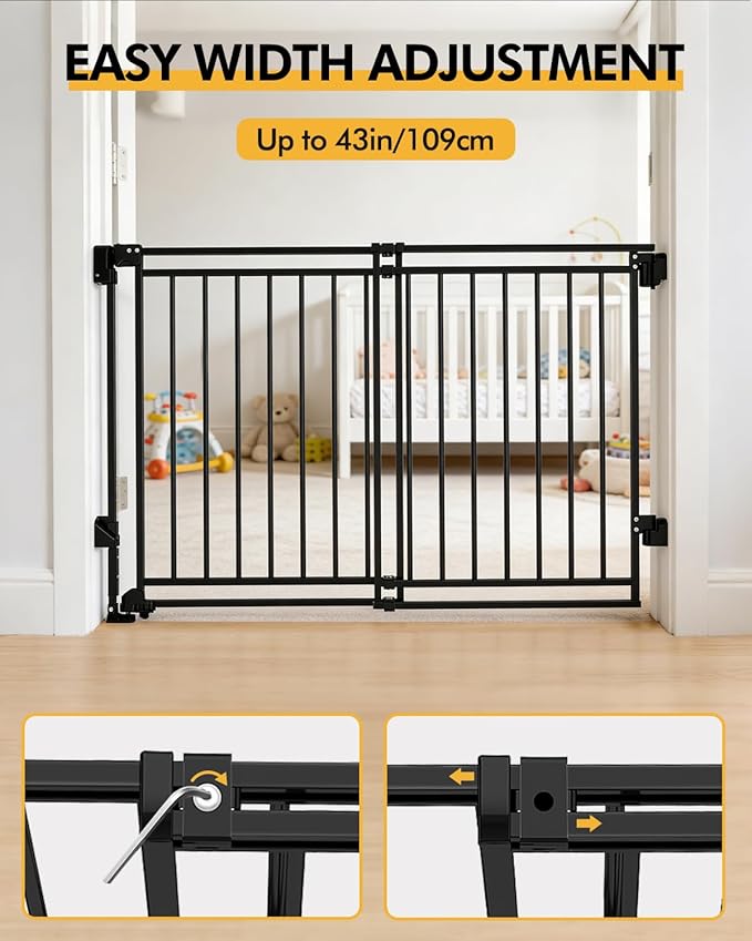 Baby Gate for Stairs, Doorways & Kitchen | 26-43" W, 29" H Extra Tall | No Bottom Bar | Hardware Mount (Drill Required) | Auto-Close & One-Handed | Walk-Thru Safety Gate for Dogs & Toddlers | Black