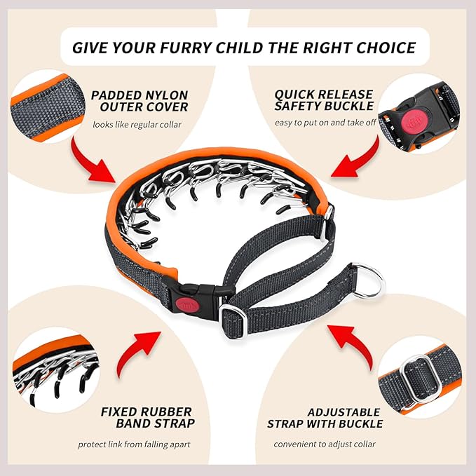 Martingale No Pull Dog Collar for Large Medium Small Dogs, Heavy Duty Nylon Reflective Adjustable Anti Pull Slip Collar with Buckle for Training Walking S Black Orange