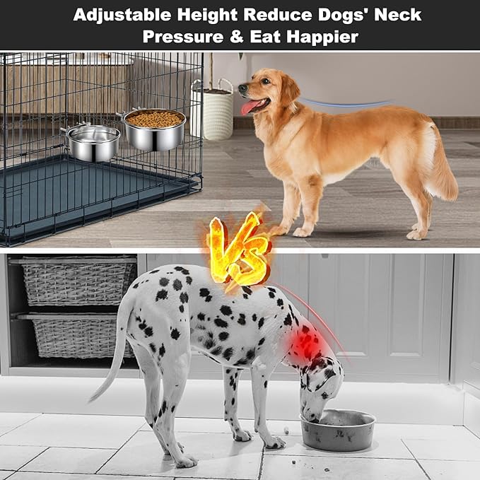 Crate Dog Bowls, Removable Stainless Steel Dog Bowl for Food and Water, Pet Kennel Hanging Food Water Feeder Station for Small/Medium/Large Pets, (7.1"x2.6" & 6.3"*2.4", Silver)