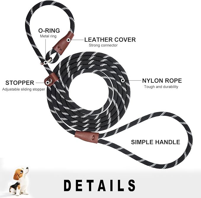 7FT Slip Lead Dog Leash for Small Dogs, No Pull Puppy Training Lead, Lightweight Sturdy Pet Slip Rope Leash, Black