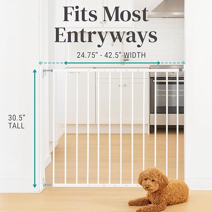 KidCo 24.75-42.5" Safeway Walk Through Baby Gate for Stairs and Doorways | No-Trip Top of Stairs Baby Gate No Bottom Bar | Quick-Release Mounted Hardware for Security and Easy Removal (White)