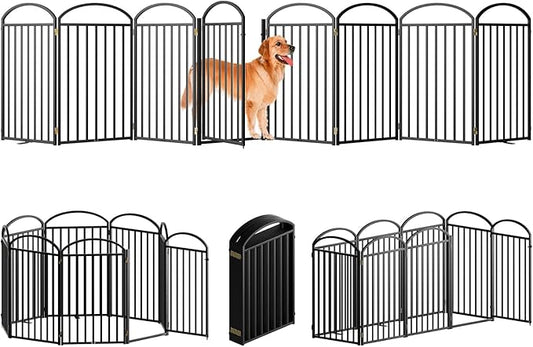 8 Panels Full Matel Freestanding Dog Gates with Door, 192"Extra Wide 36"Tall Free Standing Dog Pet Gate for Indoor & Outdoor. Foldable Pet Fences for Doorways, House, Stairs, Porch, Deck, Yard
