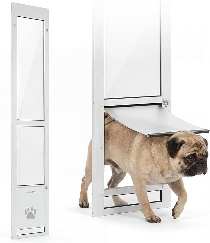 Slevoo Sliding Glass Dog Door, No-Cut Installation, Height Adjustable 79 1/5" to 82", Upgraded Silicone Flap, Weatherproof & Secure Pet Door for Medium/Large Dogs, White Aluminum Frame (Medium)
