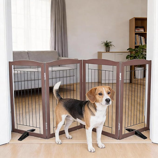 Dog Fence Indoor,Dog Gate Indoor for Doorway pet gate -4-Panel Freestanding, Hallways, House or Stairs -80x32-Inch Retractable Foldable Expandable Wood Pet by SFJC (Brown) ﻿