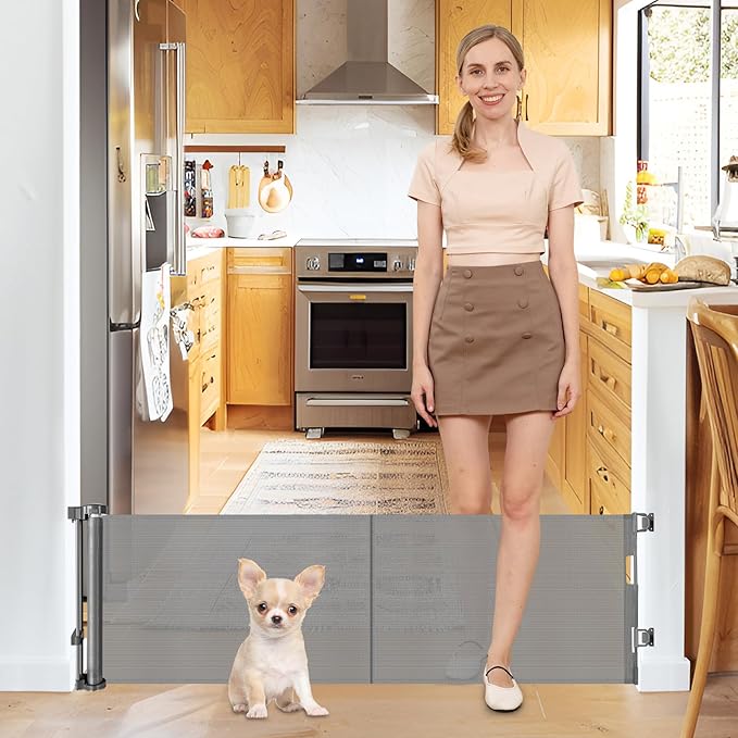 20 Inches Tall Retractable Short Dog Gate to Step Over, Short Pet Gates for The House, Extends up to 55" Wide, Small Dog Gate Indoor Puppy Gate Mesh Doggie Gates Low Dog Gate (Gray)
