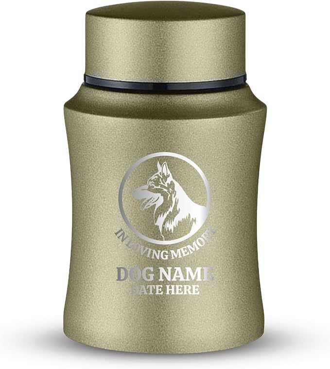 Customized Small Keepsake Urn Personalized Engraved with Pet Name, Date, and Dog Design - 4" Cremation Mini Compact Urn for Dogs Ashes | 5–10 Lbs Capacity | Washed Gold, German Shepperd Silhouette