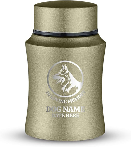 Customized Small Keepsake Urn Personalized Engraved with Pet Name, Date, and Dog Design - 4" Cremation Mini Compact Urn for Dogs Ashes | 5–10 Lbs Capacity | Washed Gold, German Shepperd Silhouette