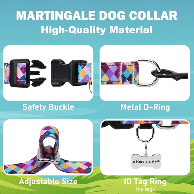 Reflective Martingale Collar for Dogs with Quick Release Buckle No Pull Training Dog Collars (Colorful Geometric, Large)