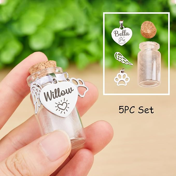 Custom Pet Memorial Gift Pet Fur Dog Cat Memorial Jar Heartfelt Keepsake Jar, Paw & Wings Pendant Included