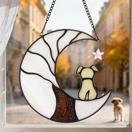 Dog Memorial Suncatcher, Handmade Stained Glass Window Haninging Suncatcher, Pet Memorial Gift for Cat Loss, Sympathy Valentine's Day Gift with Moon & Tree of Life for Pet Lovers