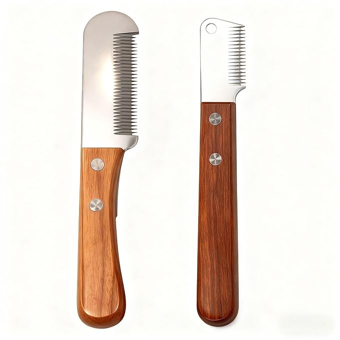 Carding Knife for Dog Grooming, Undercoat Removal Comb for Terriers and Double Coated Breeds, 2 Piece Fine and Coarse Wooden Handle Set for Professional Groomers and Home Use