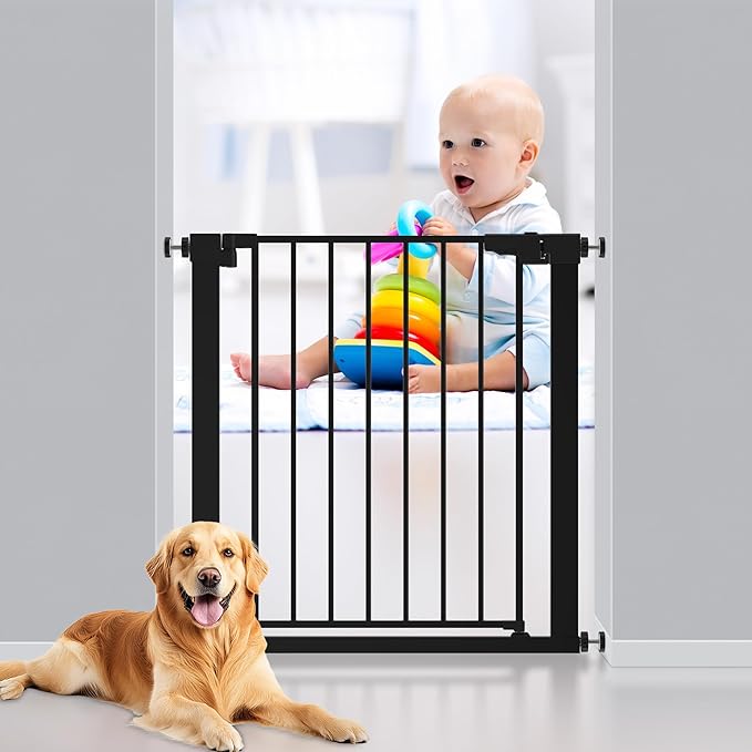 29-32 inches Metal Baby Gate for Stairs/Doorways, 30 inches Tall Pressure Mounted Pet Gates, Auto-Close Child Safety Gate, No Drilling Easy Walk-Through Dog Gate Indoor, Black