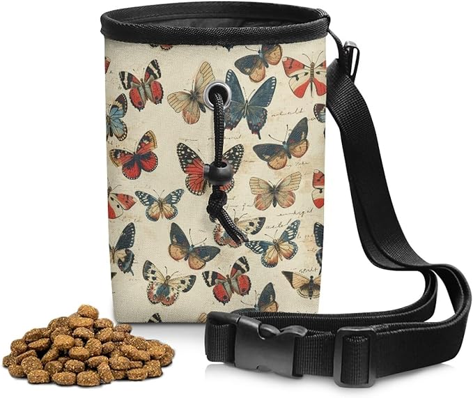 Vintage Butterfly Dog Treat Bag Puppy Training Pouch Animal Walking Snack Container Dog Food Dispenser Pet Feed Snack Reward Pocket for Pet Puppy Travel or Outdoor Use