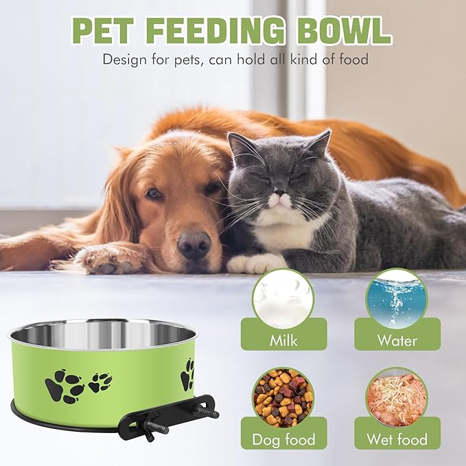 Dog Crate Bowls, ShineMe Stainless Steel Dog Kennel Bowls for Crates, Spill Proof Dogs Dishes That Attach to Crate Kennel Cage for Small Medium Size Dogs Cats, Set of 2, Green (6.2x2.6” & 5.5x2.4”)