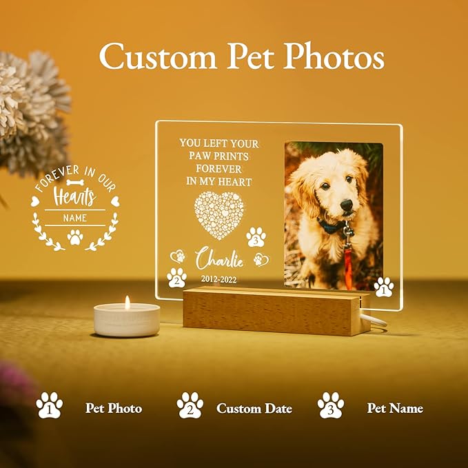 Bemaystar Personalized Dog Memorial Gifts Custom Photo Night Lights Pet Loss Gifts Dog Memorial Plaque Cat Memorial Photo Frame Sympathy Gifts with Picture Name Date