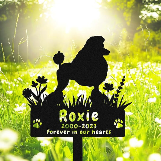 Personalized Flowers Poodle Dog Memorial Grave Marker for Cemetery, Custom Metal Flowers Dog Memorial Stake Grave Marker Poodle Memorial Gift Paws Sympathy Grave Stake for Garden Lawn Yard