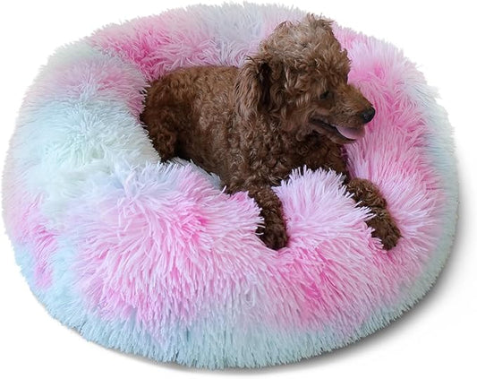 nononfish Calming Donut Beds for Small Dog Washable, 19 Inch Fluffy Round for Puppies, Cats & Toy Breeds with Raised Rim, Fits up to 15 lbs Pets, Multi Colored