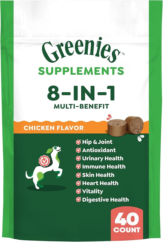 Greenies Dog Supplements 8-in-1 Multi-Benefit Dog Vitamins and Supplements Chicken Flavor, 7.76 oz. Pouch, 40 Count