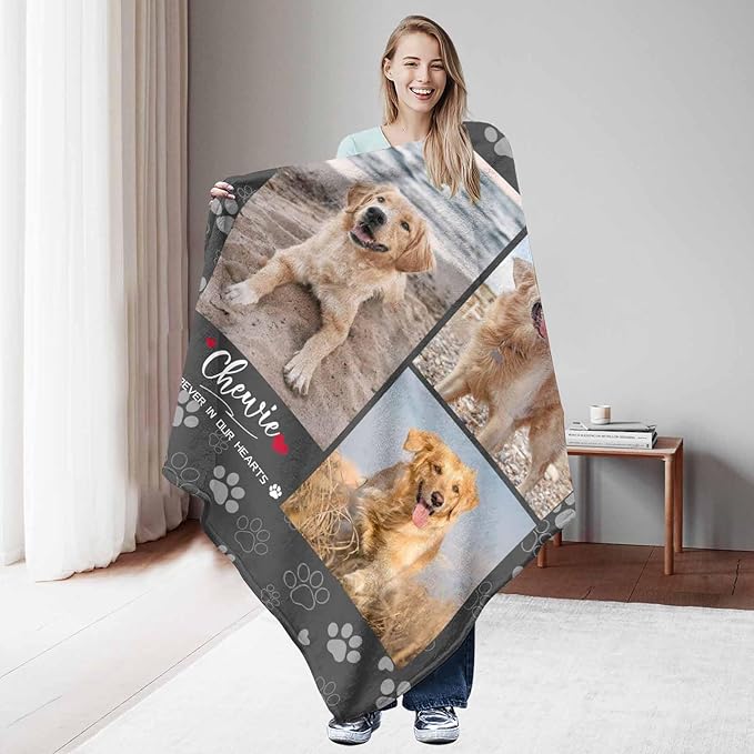 Custom Throw Mermorial Blanket with Dog Cat Pet Pictures & Name, Dog Memorial Blanket Personalized Memory Gift for Family and Friends Customized Bed Throw Blanket Sympathy Remembrance Made in USA