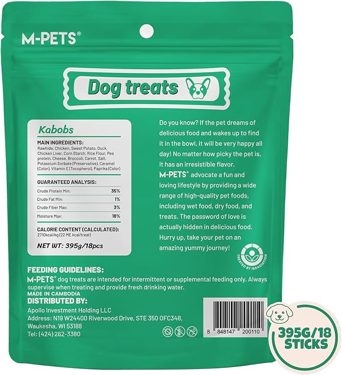 M-PETS Dog Treats, 5 Flavor Dogs Kabob Snacks Long Lasting Chews, Made with Real Chicken and Duck Jerky Meat 18pcs Rawhide Sticks