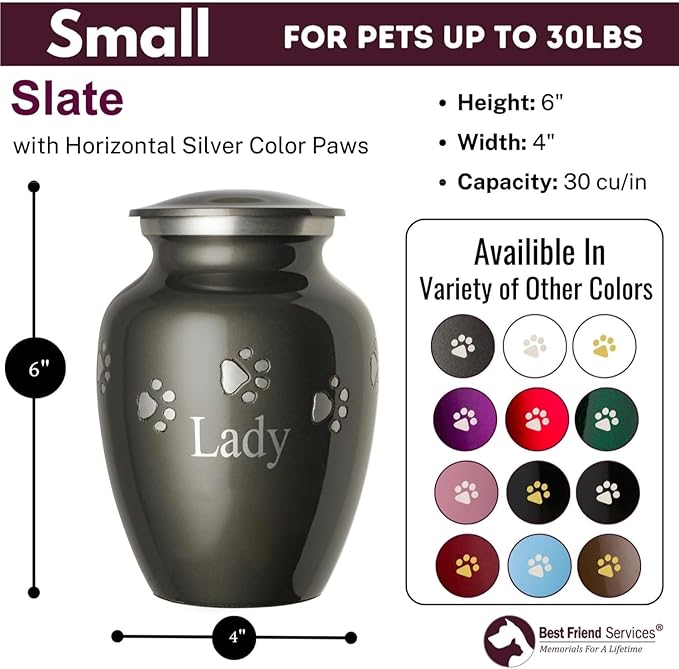 Ottillie Paws Premier Series Pet Urn for Dogs and Cats with Personalized Laser Engraving (Small - Pets up to 25 lbs, Slate with Horizontal Pewter Paws)
