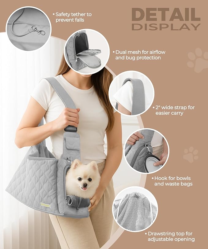 Dog Carrier Sling for Small Dogs, Front Cat Sling & Cats Up to 15 lbs, Dog Purse with Adjustable Strap Front Zipper Pocket, Double Safety Feature, Hands Free for Travel
