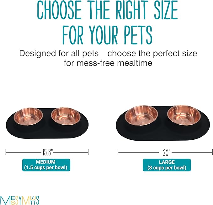 Messy Mutts Double Silicone Feeder with Copper-Colored Stainless Bowls | Non-Skid Food Dishes for Dogs for All Pets | Dog Food Bowls | Medium, 1.5 Cups Per Bowl | Black