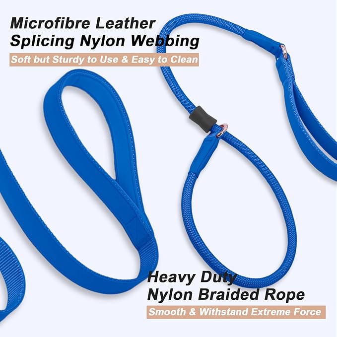 Slip Lead Dog Leash, Dog Training Leash with Double Handle, Soft Leather Slip Leash and Collar, Heavy Duty Nylon Dog Lead, No Pull Walking for Medium Large Small Dogs 5ft Dark Blue