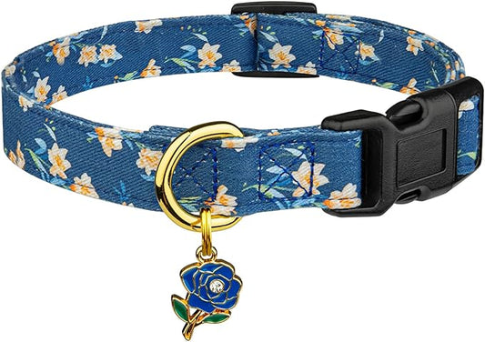 Cotton Handmade Dog Collar Cute and Distinctive Patterns Blue Tulip with Pendant for Girl Boy Dogs Collars S