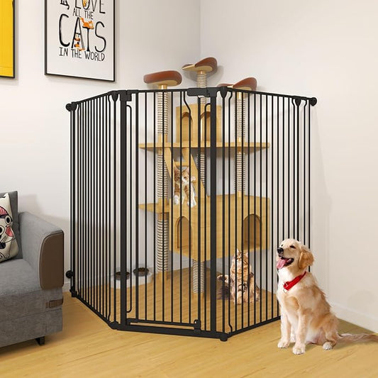 51" Extra Tall Cat Gate for Cats – 57.4" to 81" Extra Wide Cat Gate for Doorway,Auto Close 3-Panel Durable Pet Gate Indoor Use, Metal Dog Gate for Kitchens, Doorways & Stairs (Black)