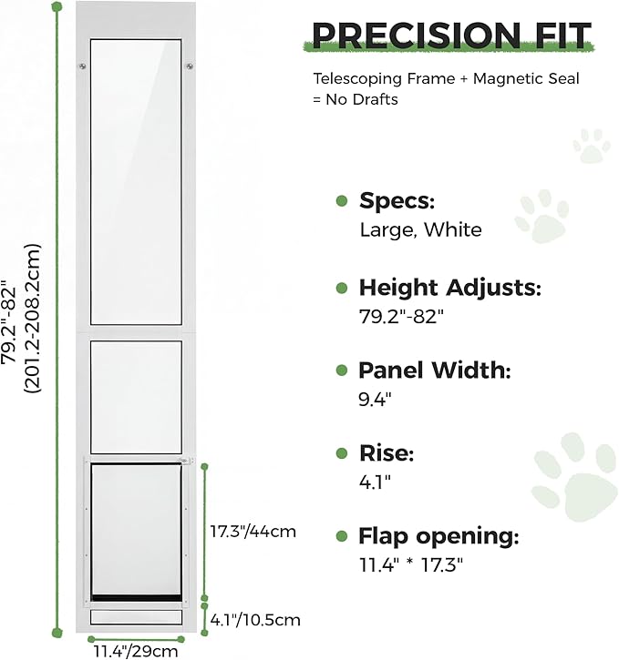 Slevoo Sliding Glass Dog Door, No-Cut Installation, Height Adjustable 79 1/5" to 82", Upgraded Silicone Flap, Weatherproof & Secure Pet Door for Medium/Large Dogs, White Aluminum Frame (Large)