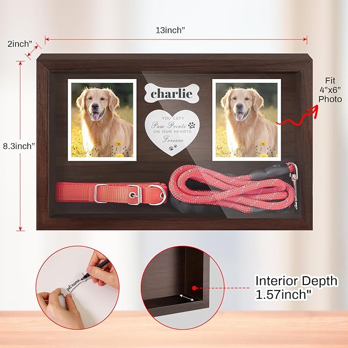 Dog Memorial Gifts for Loss of Dog, Pet Memorial Dog Picture Frame 13" Wooden Shadow Box Display with Collar & Leasd Holder, Sympathy Gift for Loss of Dog/Cat, Wall Hanging & Tabletop(Brown)