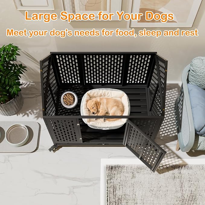 44 inch Heavy Duty Dog Crate with Wheels, Indestructible Escape-Proof Steel Pet Kennel for High Anxiety Large Medium Dogs, Chewproof Indoor Double Door Dog Kennel with 2 Trays, 4 Locks, XL
