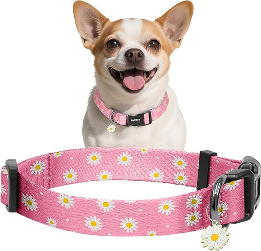Kazazoo Dog Collar Cute and Soft Nylon Puppy Collar Girl, Adjustable Dog Collars for Small Medium Dogs, Pink Daisy-XS