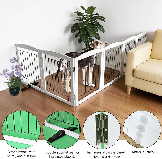Dog Fence Indoor,Dog Gate Indoor for Doorway pet gate - 6-Panel Freestanding, Hallways, House or Stairs -120x24-Inch Retractable Foldable Expandable Wood Pet by SFJC (White)