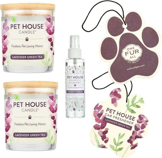 One Fur All Pet House Candle Value Pack - Plant-Based/Soy - Clean Burning Scented, Long Lasting Pet Odor Candle for Home - Lavender Green Tea