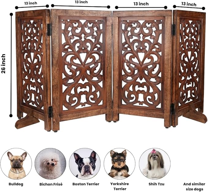 Decorative Wooden Pet Gate, Dog Fence, Cat Gate, Foldable, Adjustable, Portable, Extra-Wide, Wooden Dog Barrier, Free-Standing Puppy Gate 4 Panels for Indoor, Doorways, Stairs-26x52 Inch Burnt Antique