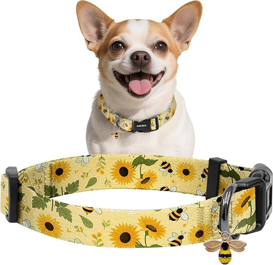 Kazazoo Dog Collar Cute and Soft Nylon Puppy Collar for Boy and Girl, Adjustable Dog Collars for Small Medium Dogs, Bees and Sunflowers-XS