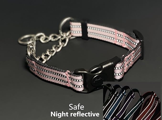 Martingale Collars for Dogs, Heavy Duty Stainless Steel Chain Training Collar, Reflective Nylon Adjustable Collar with Quick Release Buckle, Suitable for Puppy Medium Large Dogs ((Pink, L)